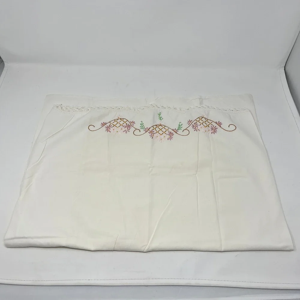 VTG Hand Embroidered Floral Pillowcase White Cotton Crochet Lace Trim Standard